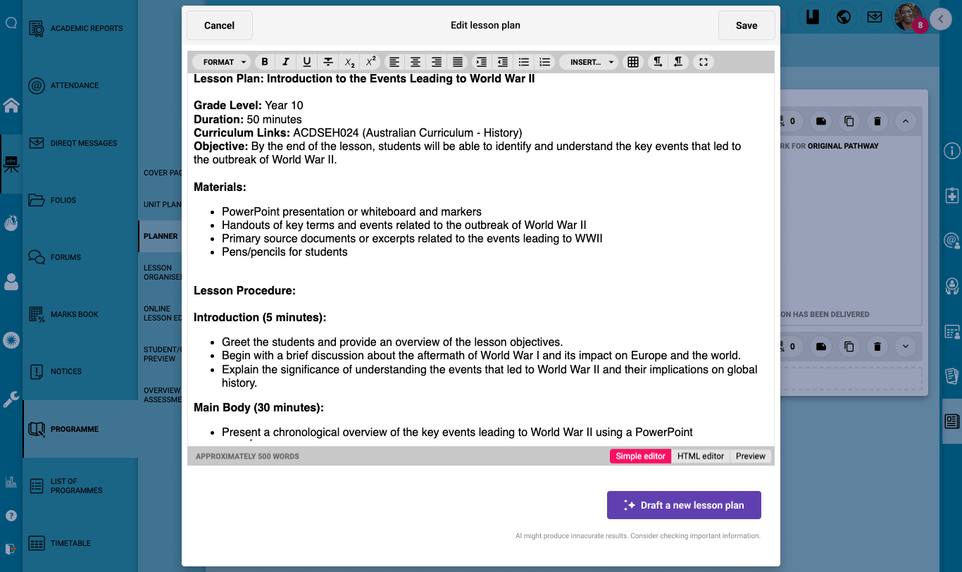 SEQTA AI Assist - Editing a draft lesson plan