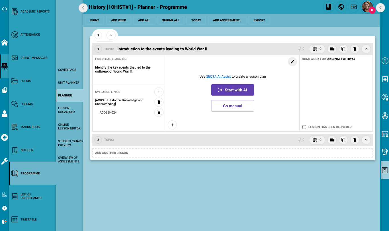 SEQTA AI Assist - Entry page for SEQTA AI Assist in Lesson Planner