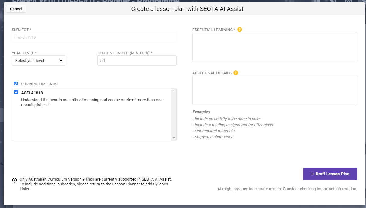 SEQTA AI Assist - Entry page for SEQTA AI Assist in Lesson Planner